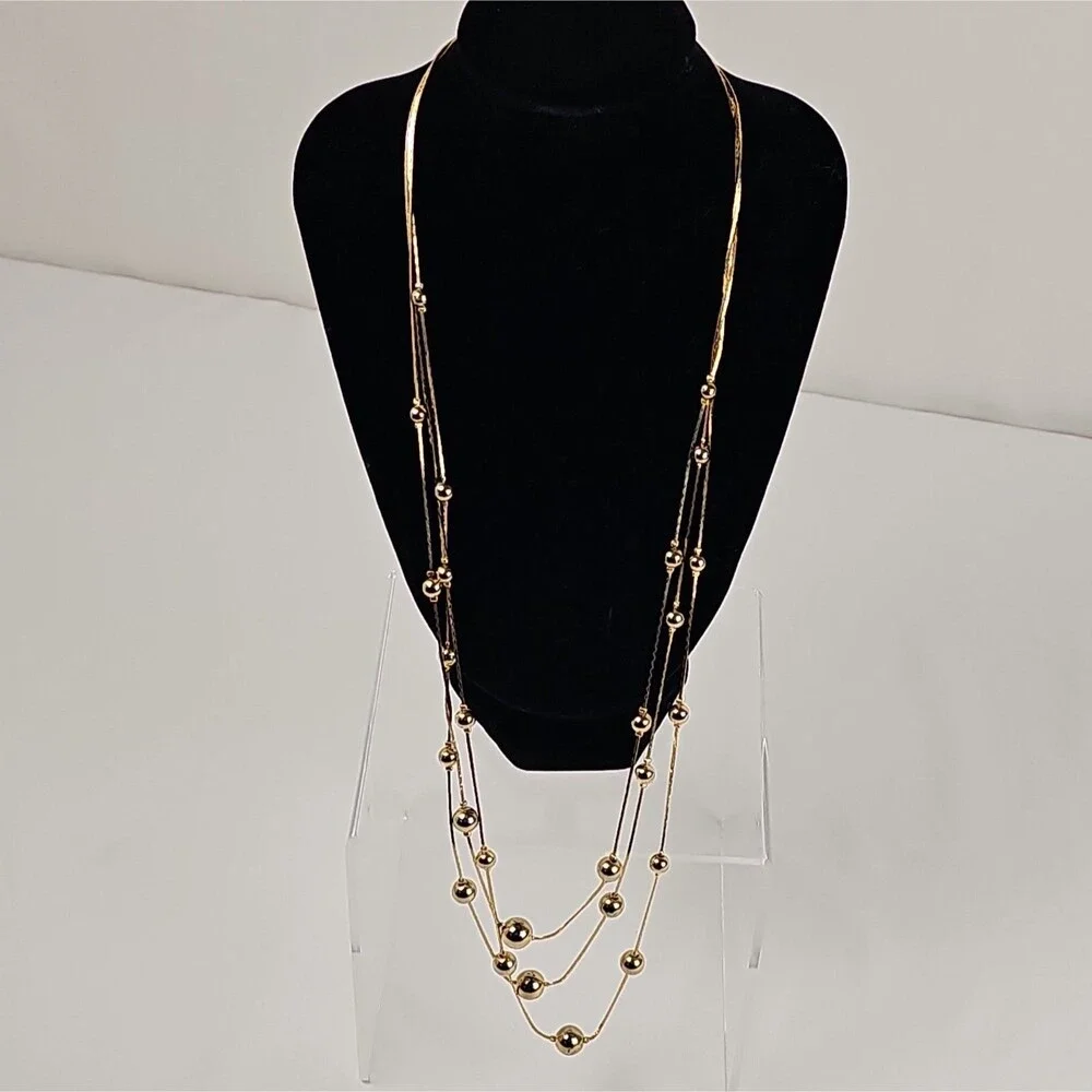 Vintage Gold Tone Multi Strand Ball Station Snake Chain Necklace 28